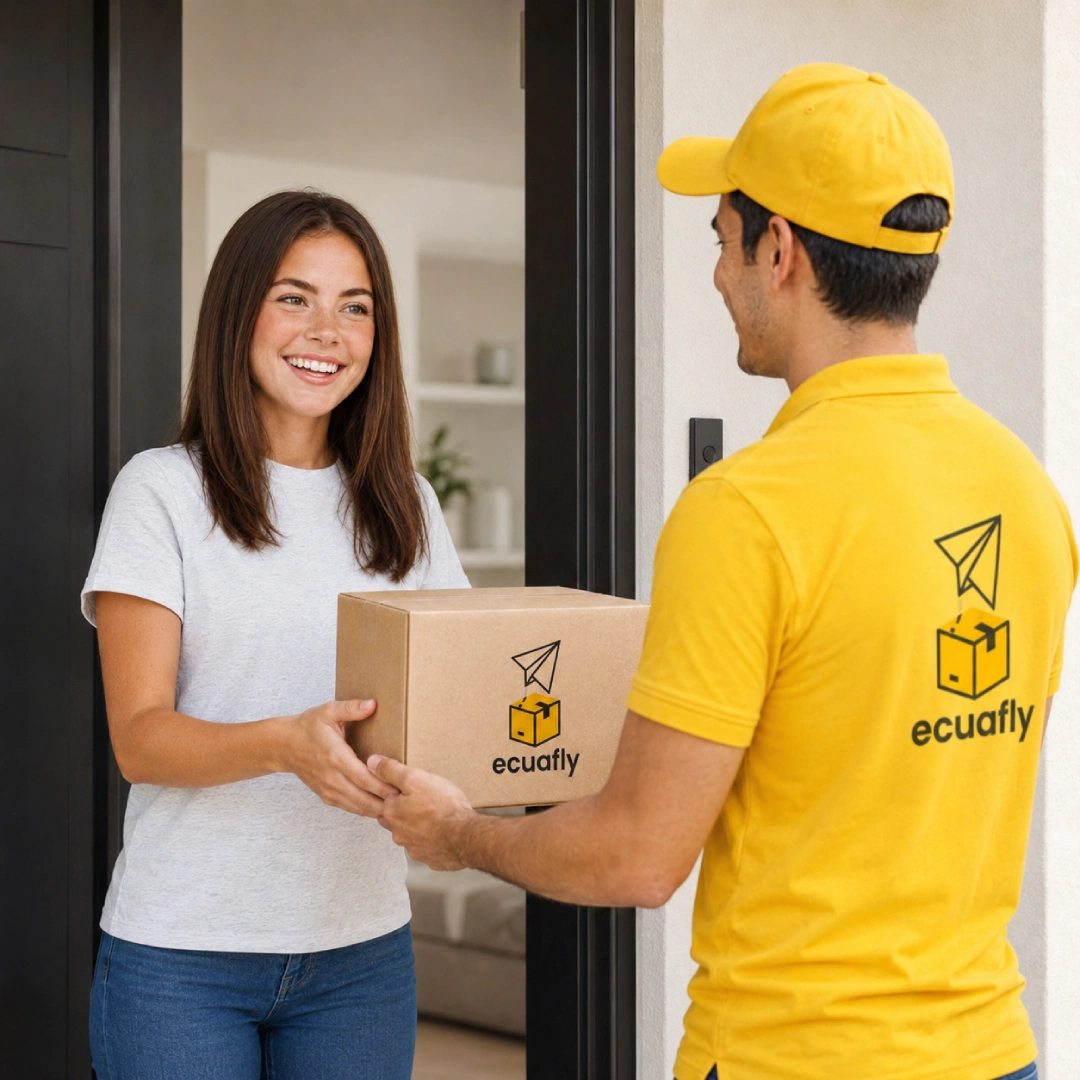 Cliente recibiendo un paquete de Ecuafly después de usar el servicio de compra asistida en USA