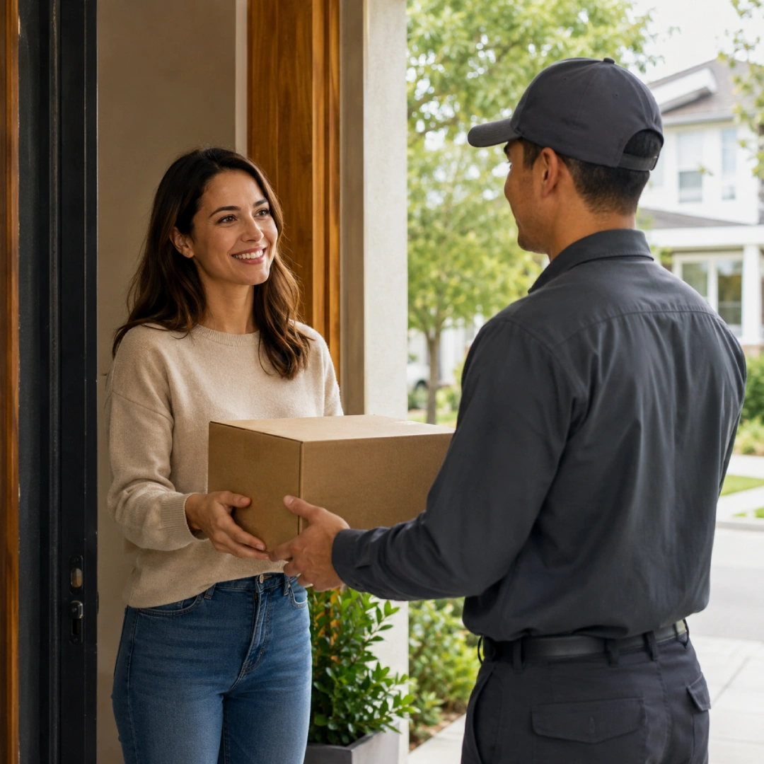 Cliente entregando una caja en su domicilio en Estados Unidos para envío puerta a puerta a Ecuador con Ecuafly